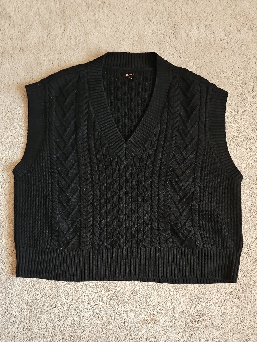 Quince Black Cable-Knit V-Neck Sweater Vest